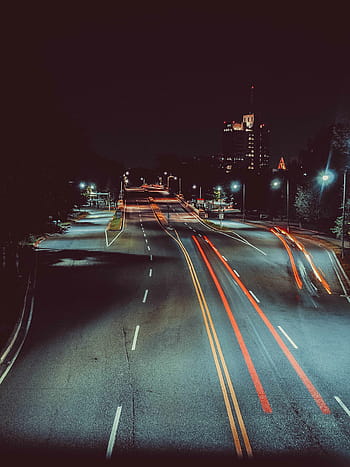 fotografování s vysokým úhlem, silnice, v noci, noc, temný, nebe, město, světlo, stromy, budova, svítí