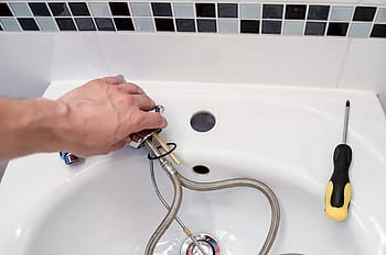 osoba, hospodářství, šedá, nerez, ocelová baterie, instalatér, opravit, kohoutek, baterie, hydraulika, voda