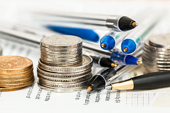 stack, silver-colored, gold-colored coins, blue, black, ballpoint pens, coins, currency, investment, insurance, cash