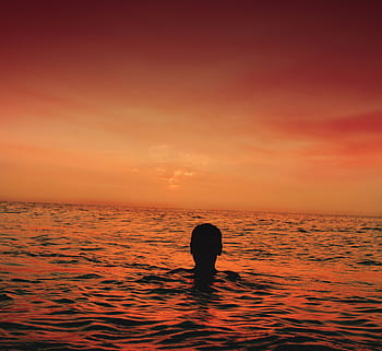 person, head silhouette, water, golden, hour, sea, ocean, sky, sunset, nature, silhouette