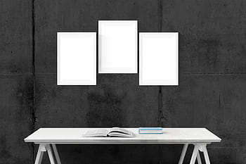 three, rectangular, white, photo frames, wooden, table, poster, mockup, wall, template, presentation