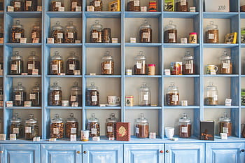 clear, glass jars, blue, wooden, shelves, assorted, jars, rack, tea, cupboard, kitchen