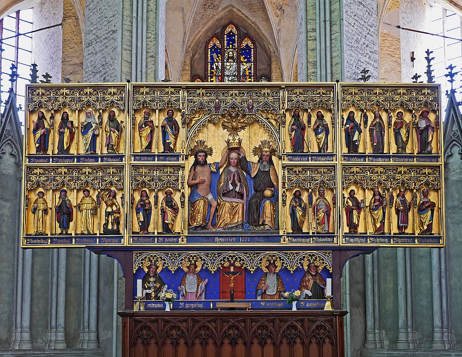 polyptych, kostel sv, stralsund, kostel, náboženství, katedrála, náboženský, svatý, úleva, posvátné obrazy, ve třech částech