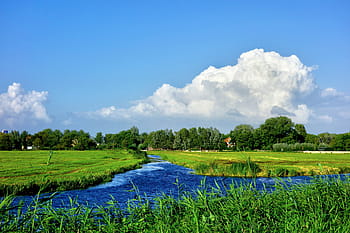 풍경 사진, 강, 물, 수로, 목초지, 들, polder, 지평선, 나무, 잔디, 구름