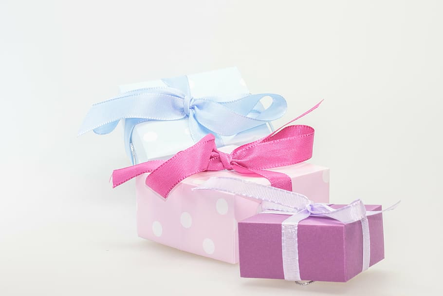 three, teal, pink, purple, closed, gift boxes, gift, made, surprise, loop, christmas