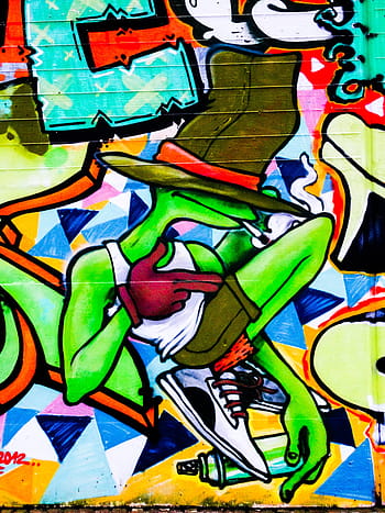 graffiti, čepice, žába, dekorace, malované, zeď, umění, postava, zelená, teniska, výkres