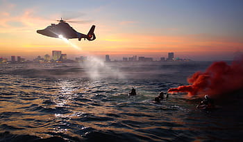 people, ocean, helicopter, coast guard, rescue training, exercise, sea, water, swimmers, chopper, dusk