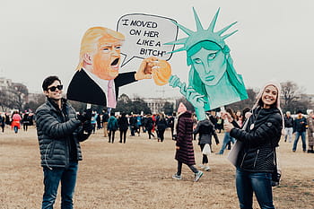 muž, hospodářství, donald trump plakát, žena, socha, plakát svobody, lidé, protest, shromáždění, rovnost, trumf