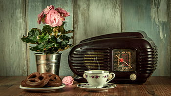 Černá, vinobraní, rádio, bílý, keramický, pohár, podšálek, hnědý, povrch, retro, starožitný