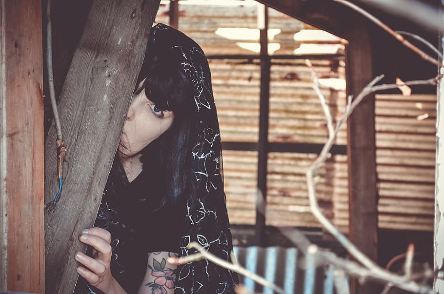 woman, face, eye, veil, black, hovel, hand, tattoo, watch, pale, peek-a-boo
