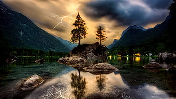 šedá, hory, Černá, mraky, západ slunce, soumrak, nebe, Blesk, bouřka, hdr, jezero