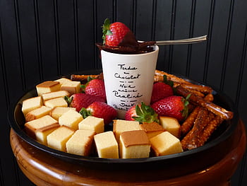food, strawberry, fruit, dessert, sweets, cake, bread, chocolate, syrup, spoon, cup