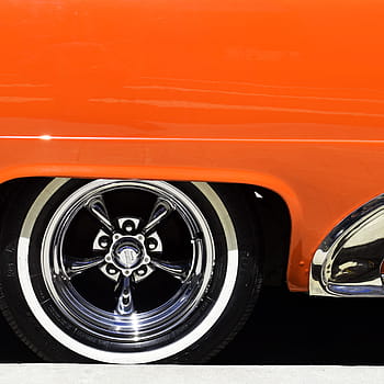 classic, orange, vehicle, chrome 5-, 5-spoke, vehicle wheel, white, wall tire, car, auto, travel