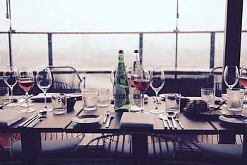 wine glasses, wine bottle, table, wine, glass, eat, food, fine, dining, bottles, glasses