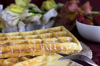 wafer, viennese waffles, dessert, food, nutrition, plate, sweet, berry, closeup, strawberry, condensed milk