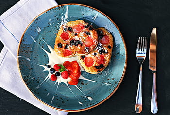 food, plate, spoon, fork, strawberry, fruit, dessert, pancake, blueberry, sweets, snack