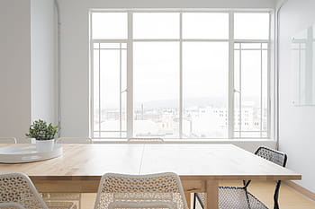 rectangular, beige, dining table, across, white, window frame, room, table, chairs, window, glass