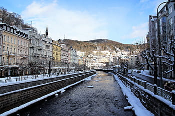 fiume, città, terme, costruzione, case, ville in stile liberty, vecchio, architettura, karlovy variare, Repubblica Ceca, inverno
