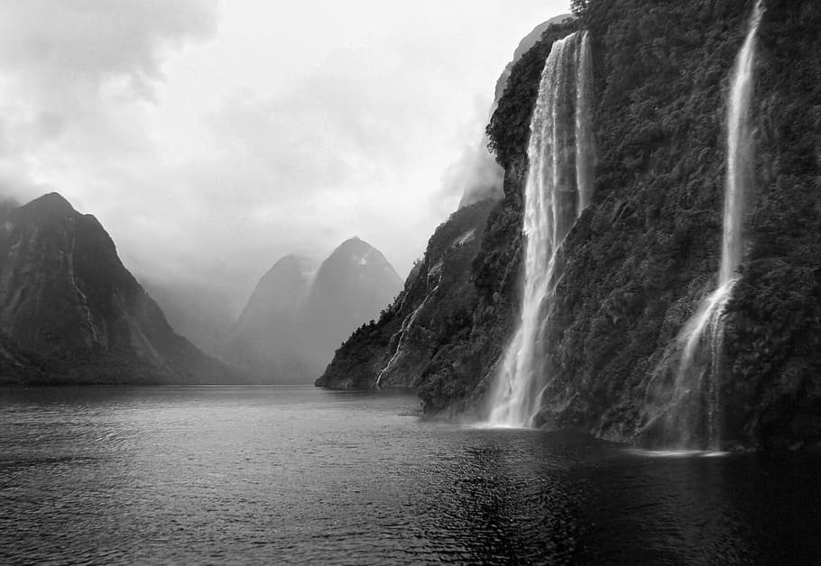 Doubtful Sound, New Zealand, grayscale photo of waterfalls