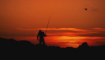 silhouette photo, person, holding, rod, mountain, golden, hour, silhouette, fishing, sunset, people