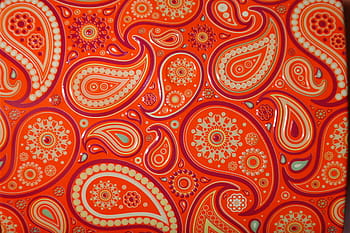 orange, hvid, paisley mønster, mønster, rød, gul, ornament, ornamenter, metallisk, farverig, farve