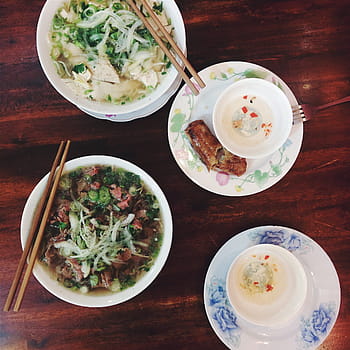 pho bo, pho ga, ristorante, pho, bo, ga in, la minestra, involtino primavera, vista dall'alto, vietnamita, cibo