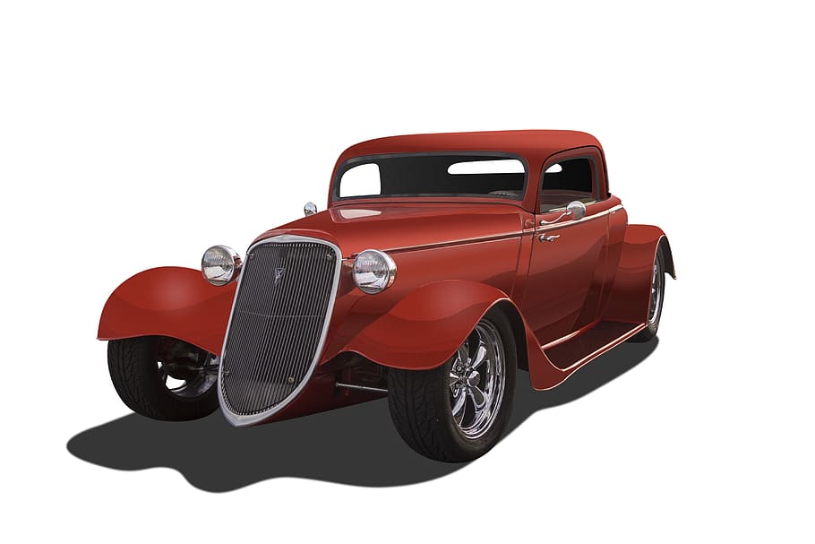 Historické auto, bílé pozadí, hot rod, oranžová barva, antický, přeprava, automobil, brod, vinobraní, kupé