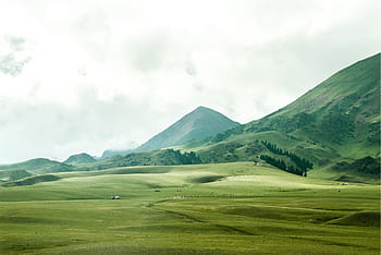 fotografie, zelená, travnaté hřiště, hora, hory, zataženo, nebe, během dne, krajina, kopců, údolí