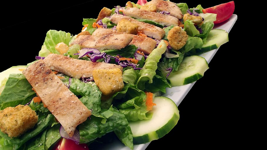vegetable salad, caesar, chicken, salad, black, background, food, plate, meal, cuisine, delicious