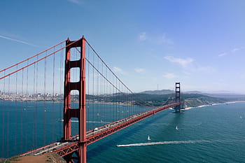 zlatý, hradlový most, modrý, nebe, Červené, san, francisco, moře, Golden Gate Bridge, San Francisco, architektura