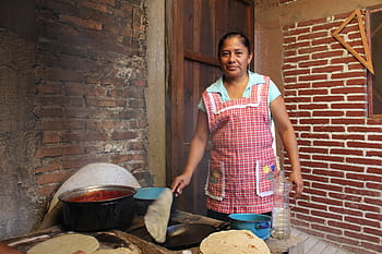 ženy, chatina, indický, oaxaca, chudoba, tradiční oblečení, domorodých, Mexiko, šátek, mexická, regionální
