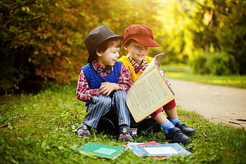 deux enfants, livres, garçons, forêt, parc, ancien, rétro, clairière, enfant, livre, bébé