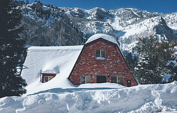brown, brick house, surrounded, snow, mountain, nature, house, trees, winter, mountains, landscape
