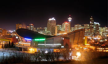 smutný, panoráma, noc, calgary, alberta, světla, v noci, calgary, alberta, Kanada, Jasný, město