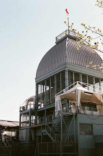 bianca, costruzione, giorno, grigio, alto, salire, vicino, albero, cupola, passaggi, le scale