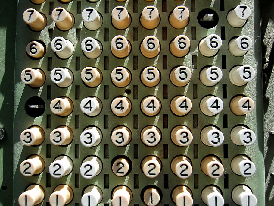 number buttons, old, vintage, type, retro, antique, machine, equipment, numbers, keys, one