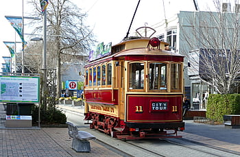 Tranvía 11, vagón, Christchurch, tren amarillo y rojo