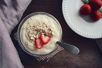 cream, strawberry, white, ceramic, bowl, yogurt, fruit, vanilla, strawberries, food, healthy