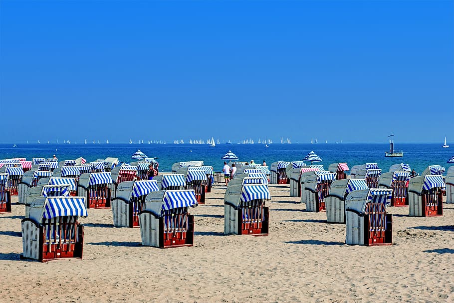 red, white, booths, seashore, daytime, photography, stalls, beach, clubs, baltic sea, holiday