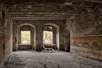 concrete, room, two, windows, background, expired, stone, building, stones, old, structure