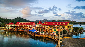yellow-and-red, high-rise, building, island, cloudy, sky, roatan, honduras, port, architecture, tropical