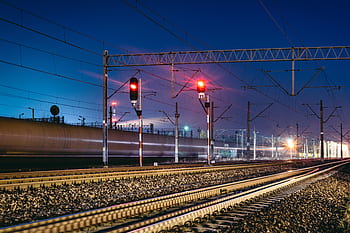 railway, railroad, train tracks, transportation, lights, night, evening, dark, power lines