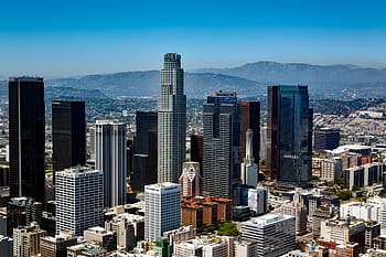 letecký, Pohled, městské budovy, Los Angeles, Kalifornie, panoráma, v centru města, architektura, panoráma města, budov, mrakodrap