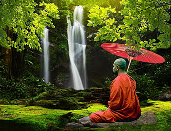 man, orange, overall, sitting, floor, holding, oil paper umbrella, monk, waterfall, nature, tibetan