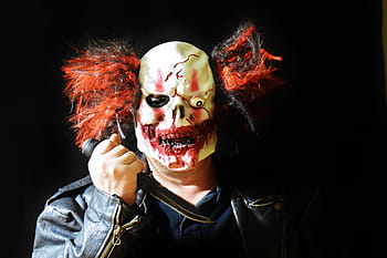 uomo, indossare, bianca, rosso, foto ritratto di joker, pagliaccio horror, Omicidio di massa, coltello, maschera, clown, raccapricciante