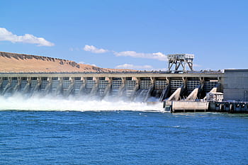 gray, concrete, building, daytime, dam, river, water, landscape, power, hydroelectric, green