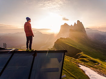 turista, západ slunce, hory, Pohled, scénický, nebe, mraky, slunečního světla, Příroda, venku, krajina
