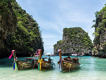fotografie, tři, hnědý, přístaviště motorových člunů, pobřeží, Thajsko, phuket, koh phi phi, ostrov tour, barevné lodě, pláž