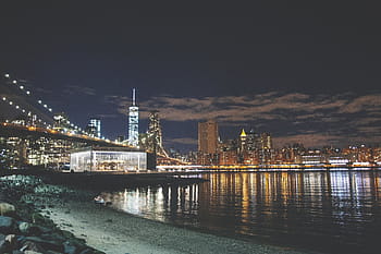 Brooklyn híd, éjszaka, sötét, városi, város, épület, infrastruktúra, szerkezet, építészet, Lámpák, víz
