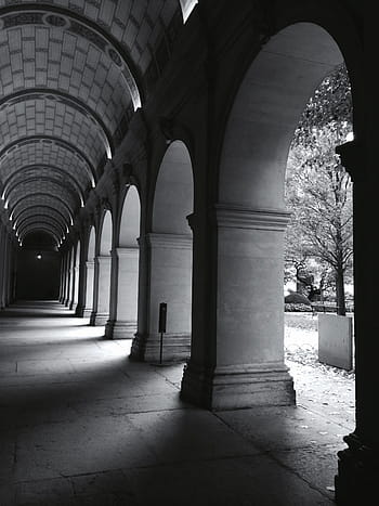 fotografie ve stupních šedi, budova, šedá, stupnice, fotografování, chodba, architektura, budov, chodby, oblouk, pilíře